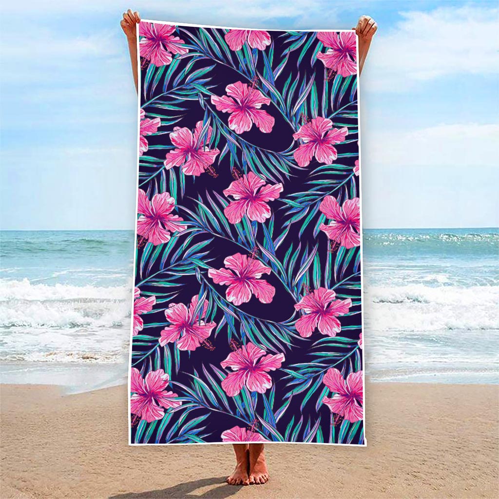 Teal Tropical Hibiscus Pattern Print Beach Towel