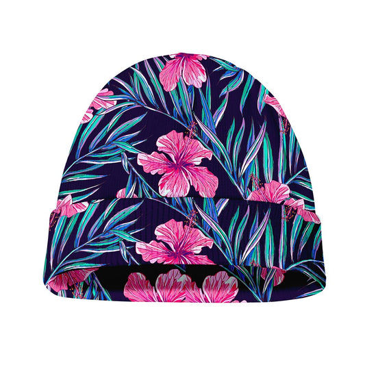 Teal Tropical Hibiscus Pattern Print Beanie