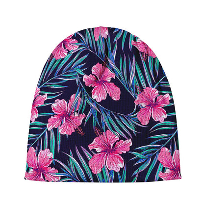 Teal Tropical Hibiscus Pattern Print Beanie