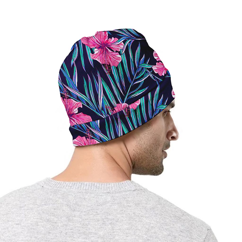 Teal Tropical Hibiscus Pattern Print Beanie