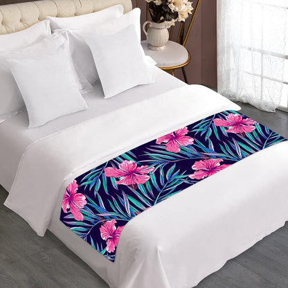 Teal Tropical Hibiscus Pattern Print Bed Runner