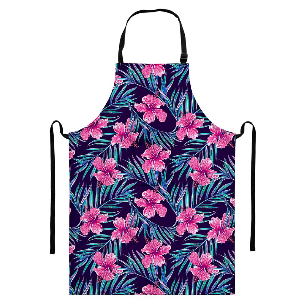 Teal Tropical Hibiscus Pattern Print Bib Apron With Pocket