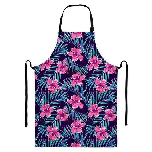 Teal Tropical Hibiscus Pattern Print Bib Apron With Pocket