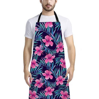 Teal Tropical Hibiscus Pattern Print Bib Apron With Pocket