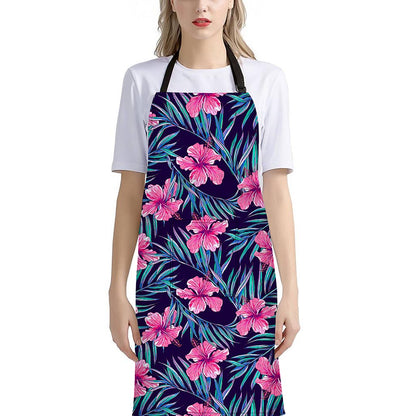 Teal Tropical Hibiscus Pattern Print Bib Apron With Pocket