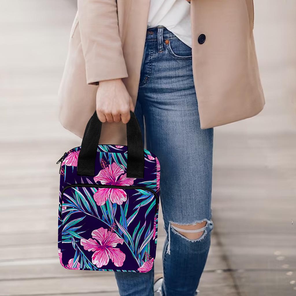 Teal Tropical Hibiscus Pattern Print Bible Tote Bag