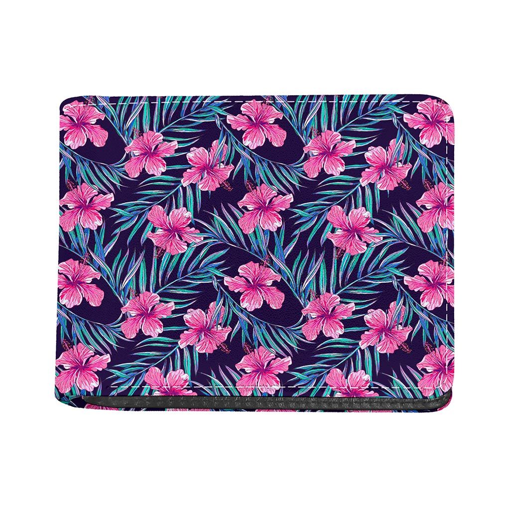 Teal Tropical Hibiscus Pattern Print Bifold Wallet