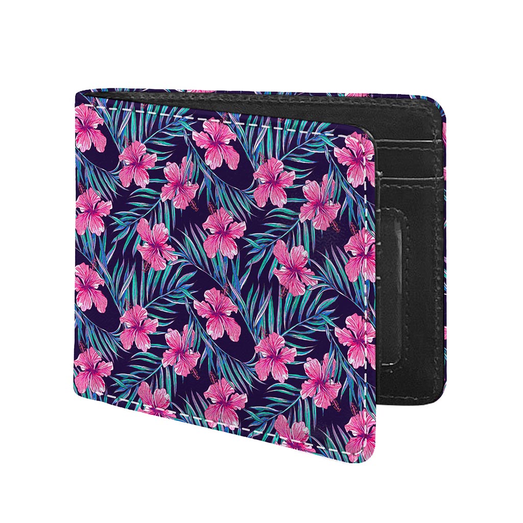Teal Tropical Hibiscus Pattern Print Bifold Wallet