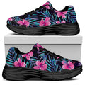 Teal Tropical Hibiscus Pattern Print Black Chunky Shoes