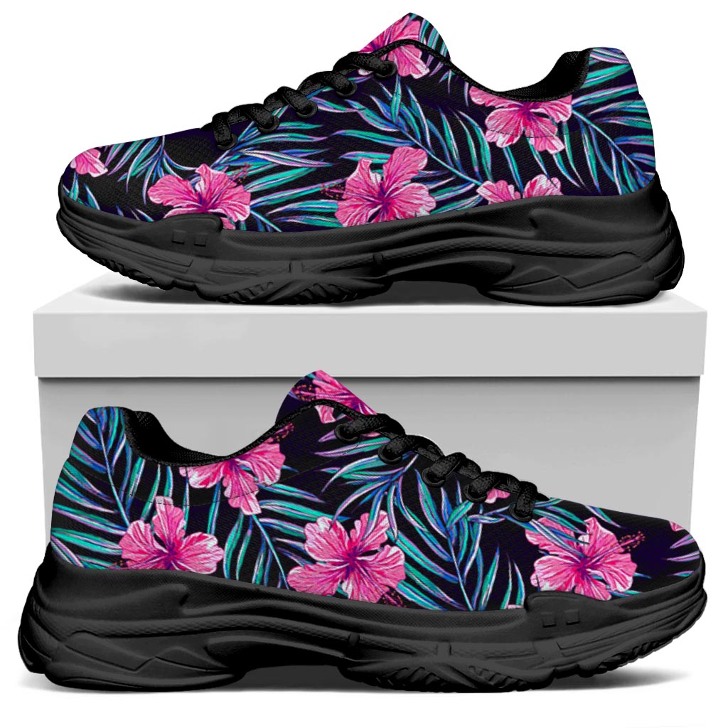 Teal Tropical Hibiscus Pattern Print Black Chunky Shoes