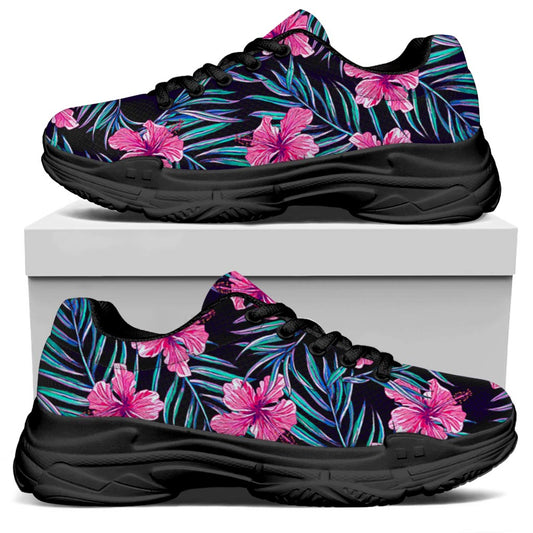 Teal Tropical Hibiscus Pattern Print Black Chunky Shoes
