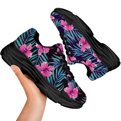 Teal Tropical Hibiscus Pattern Print Black Chunky Shoes