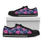 Teal Tropical Hibiscus Pattern Print Black Low Top Sneakers