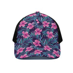 Teal Tropical Hibiscus Pattern Print Black Mesh Trucker Cap