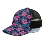 Teal Tropical Hibiscus Pattern Print Black Mesh Trucker Cap