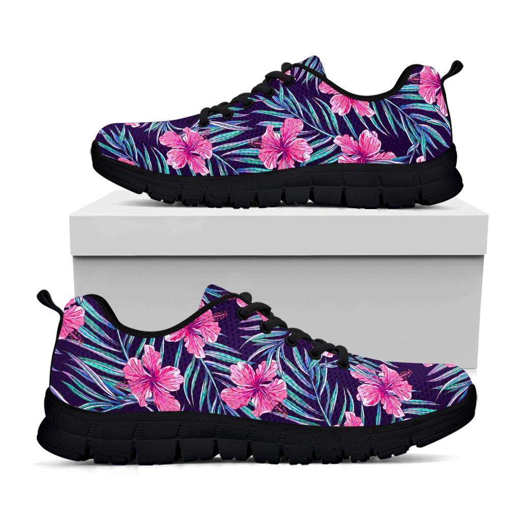 Teal Tropical Hibiscus Pattern Print Black Running Shoes