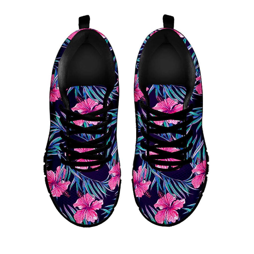 Teal Tropical Hibiscus Pattern Print Black Running Shoes