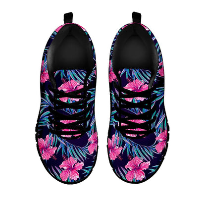 Teal Tropical Hibiscus Pattern Print Black Running Shoes