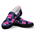 Teal Tropical Hibiscus Pattern Print Black Slip On Sneakers