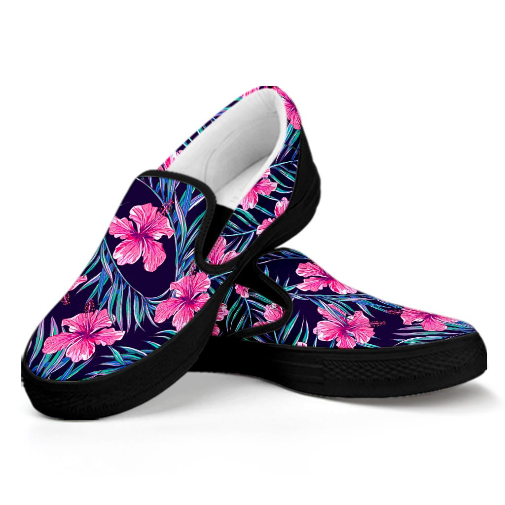 Teal Tropical Hibiscus Pattern Print Black Slip On Sneakers