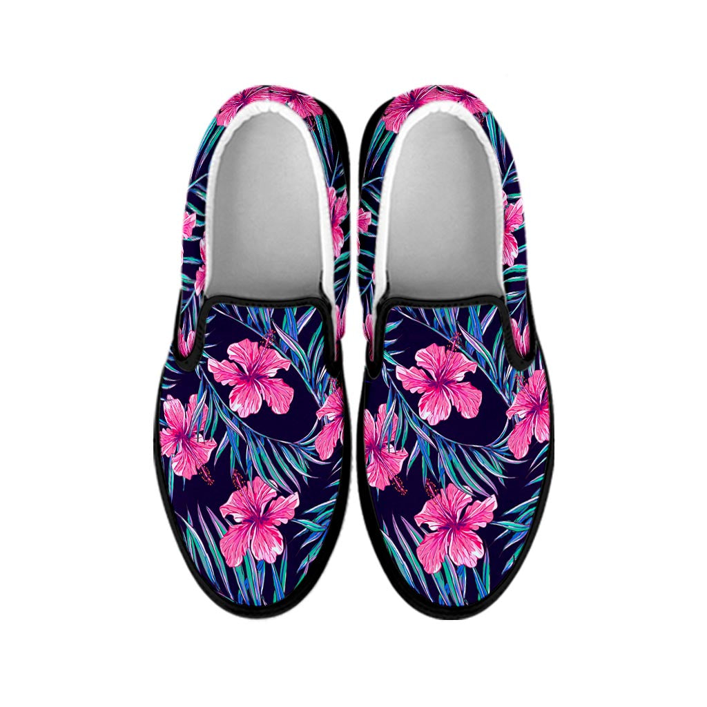 Teal Tropical Hibiscus Pattern Print Black Slip On Sneakers