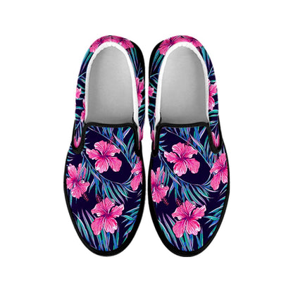 Teal Tropical Hibiscus Pattern Print Black Slip On Sneakers