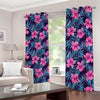 Teal Tropical Hibiscus Pattern Print Blackout Grommet Curtains