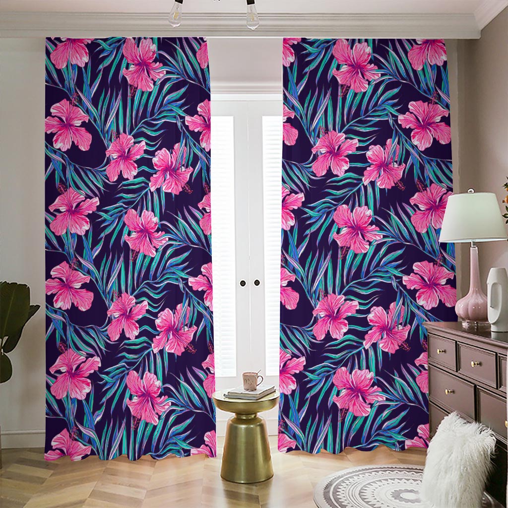 Teal Tropical Hibiscus Pattern Print Blackout Pencil Pleat Curtains