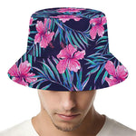 Teal Tropical Hibiscus Pattern Print Bucket Hat
