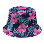 Teal Tropical Hibiscus Pattern Print Bucket Hat