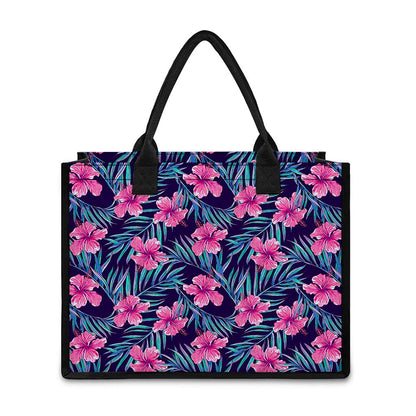Teal Tropical Hibiscus Pattern Print Canvas Tote Bag