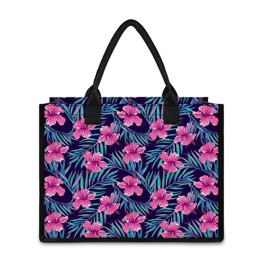 Teal Tropical Hibiscus Pattern Print Canvas Tote Bag
