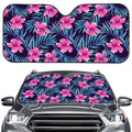 Teal Tropical Hibiscus Pattern Print Car Windshield Sun Shade