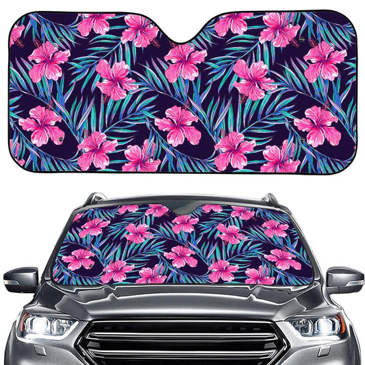 Teal Tropical Hibiscus Pattern Print Car Windshield Sun Shade