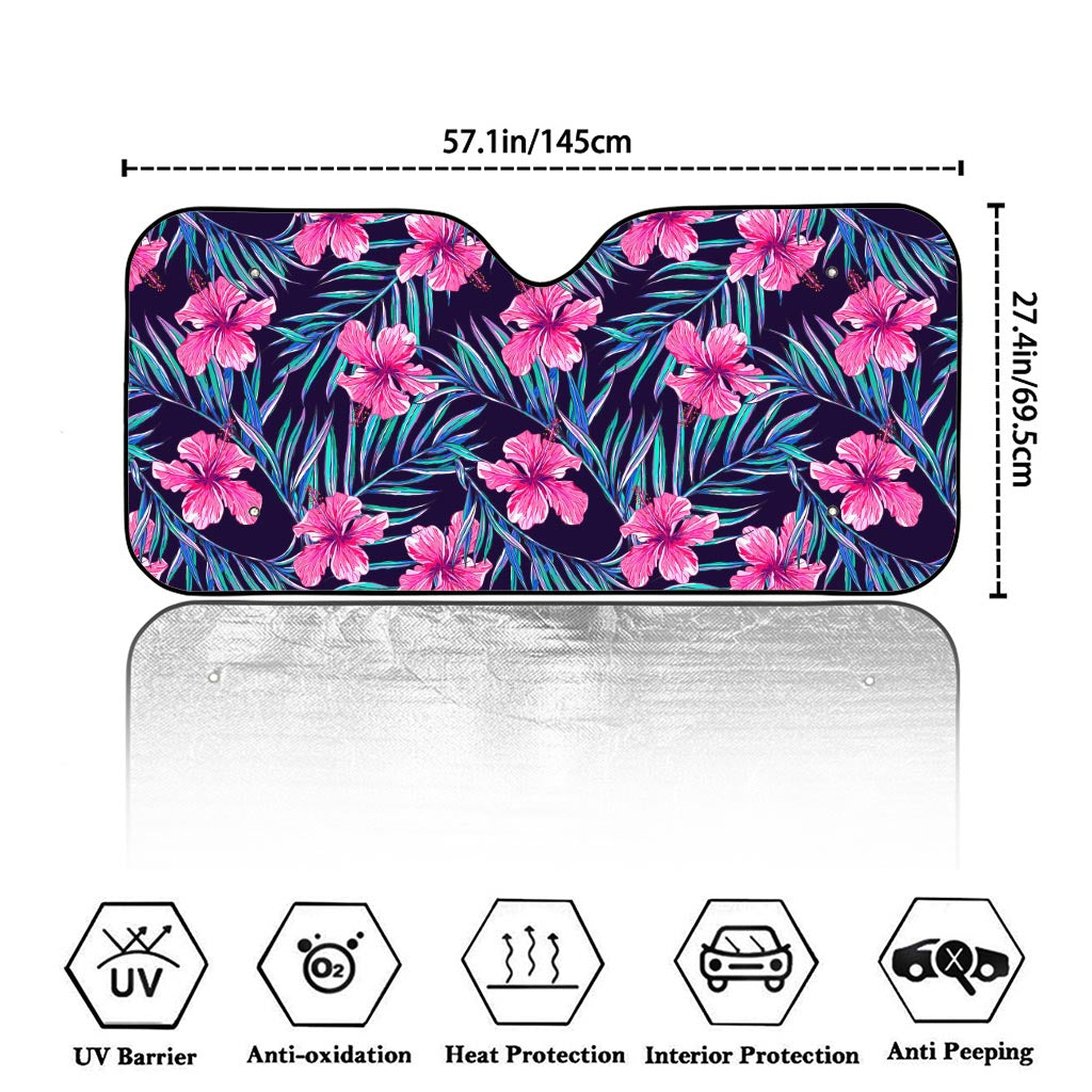 Teal Tropical Hibiscus Pattern Print Car Windshield Sun Shade
