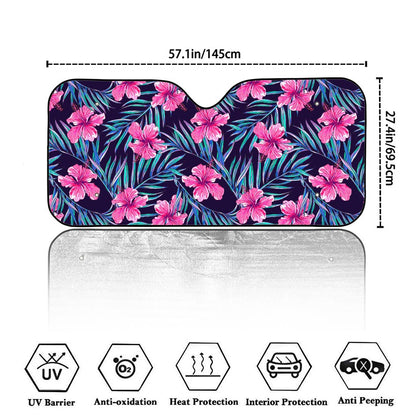 Teal Tropical Hibiscus Pattern Print Car Windshield Sun Shade