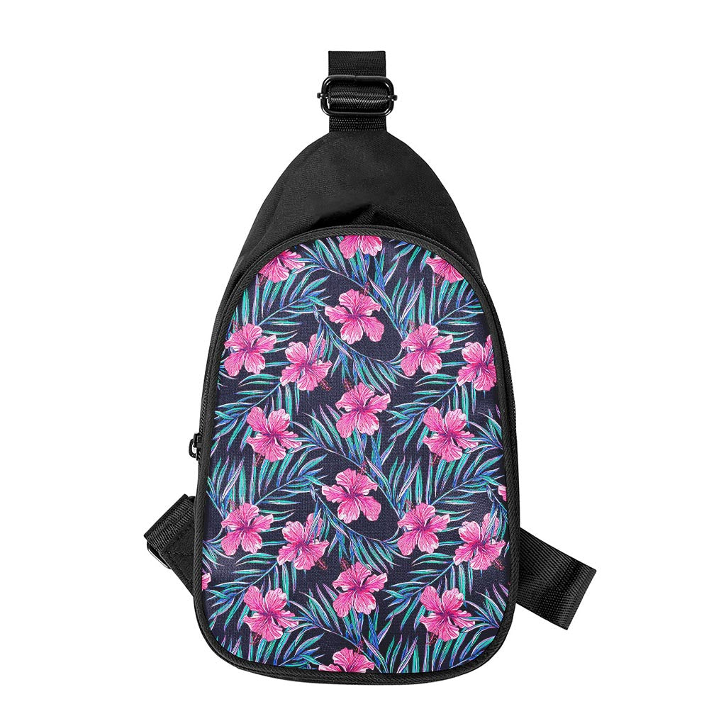 Teal Tropical Hibiscus Pattern Print Chest Bag