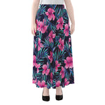 Teal Tropical Hibiscus Pattern Print Chiffon Maxi Skirt