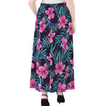 Teal Tropical Hibiscus Pattern Print Chiffon Maxi Skirt