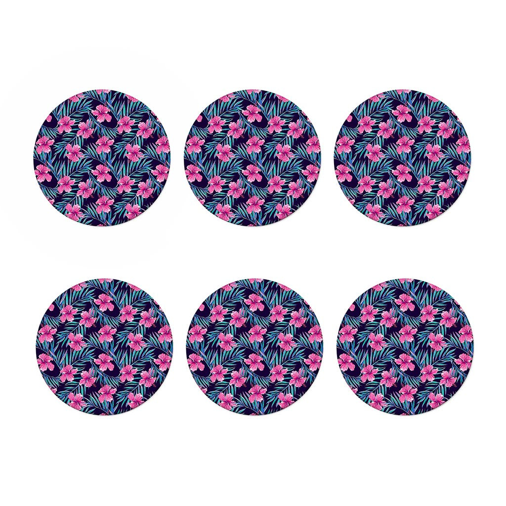 Teal Tropical Hibiscus Pattern Print Coaster Set