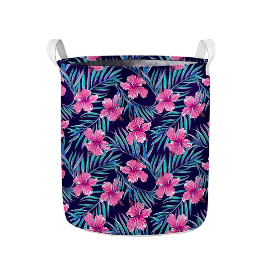 Teal Tropical Hibiscus Pattern Print Collapsible Laundry Basket