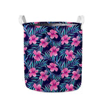 Teal Tropical Hibiscus Pattern Print Collapsible Laundry Basket