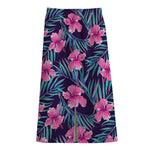 Teal Tropical Hibiscus Pattern Print Cotton Front Slit Maxi Skirt