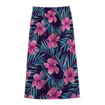 Teal Tropical Hibiscus Pattern Print Cotton Front Slit Maxi Skirt