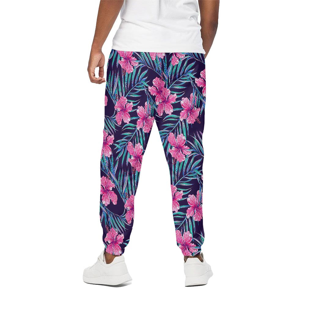 Teal Tropical Hibiscus Pattern Print Cotton Pants