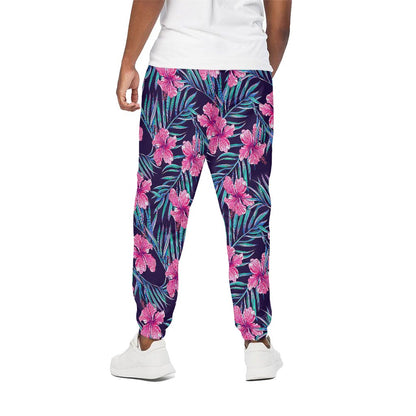 Teal Tropical Hibiscus Pattern Print Cotton Pants