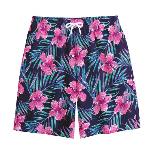 Teal Tropical Hibiscus Pattern Print Cotton Shorts