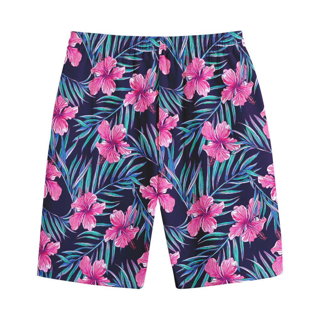 Teal Tropical Hibiscus Pattern Print Cotton Shorts