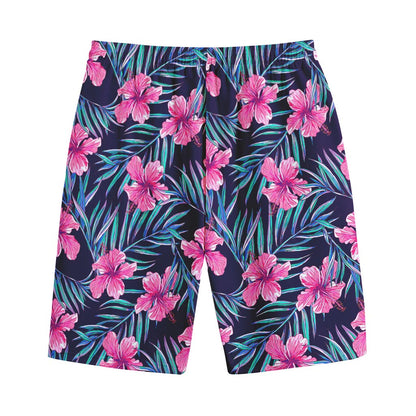 Teal Tropical Hibiscus Pattern Print Cotton Shorts