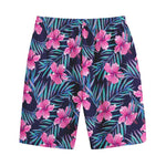 Teal Tropical Hibiscus Pattern Print Cotton Shorts